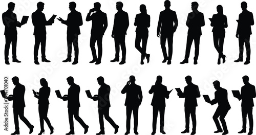 Business professionals silhouette collection, men and women working with laptop, tablet and phone isolated on white background