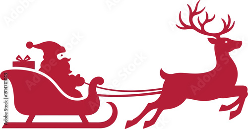 A festive red silhouette of Santa Claus riding in his sleigh pulled by a reindeer during the holiday season.