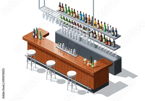 Modern bar illustration with wooden counter and stools, liquor bottles on shelves, viewed from an isometric perspective in a commercial setting