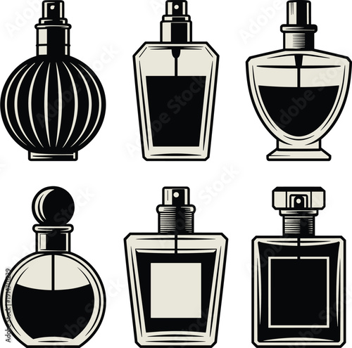 Perfume Bottle Illustrations, Elegant Vintage Monochrome Collection, Perfume Bottle Silhouettes