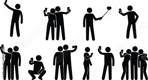 People taking selfie silhouette set, men and women with smartphone and selfie stick isolated on white