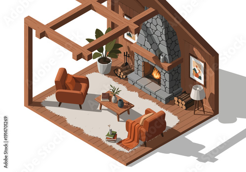 Isometric illustration of a cozy living room with fireplace, furniture, and decor viewed from above