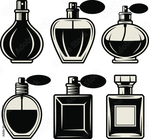 Vintage Silhouette Collection of Luxury Perfume Bottles with Atomizer Pumps, Elegant Black and White Fragrance Glassware Illustrations