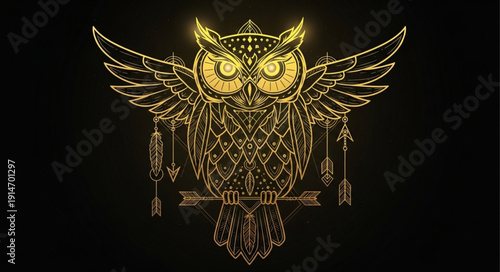 Golden Owl Illustration with Wings and Arrows.