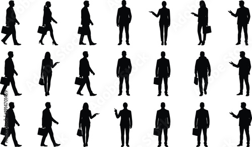 Business people silhouette set, corporate men and women with briefcases walking and standing, professional office flat vector illustration