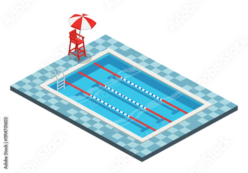 A lifeguard standing on a tower beside a swimming pool with a red umbrella providing shade