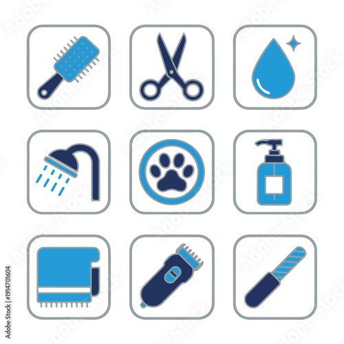 A grid of nine minimalist icons depicts various tools and actions associated with pet grooming and animal care services.