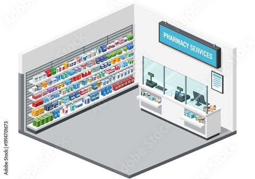 Isometric view of a pharmacy store with shelves stocked with medicines and a counter for customer service