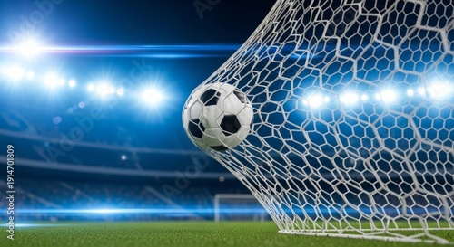 Soccer ball hitting the back of the net in a professional stadium under bright floodlights at night, scoring a goal in a major match.