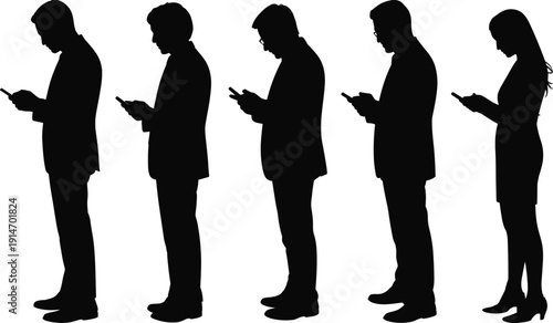 Business people silhouettes using smartphones, standing profile view, mobile phone users, communication concept, social media addiction, flat vector illustration