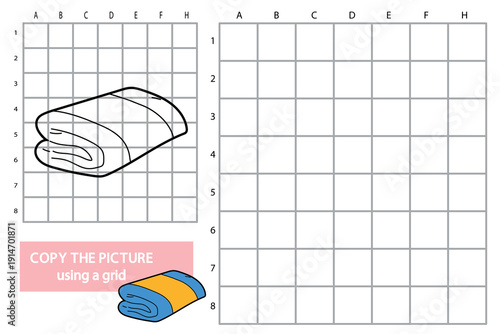 Kids worksheet with a linen towel. Copy the picture using a grid activity for children. Black and white line art with empty grid for drawing practice, learning, education and fine motor skills.