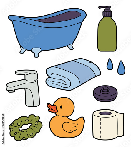 Cute bathroom cartoon set with bathtub, tap faucet, towel, soap dispenser, rubber duck, toilet roll and sponge. Flat vector illustration of bath essentials for hygiene and daily routine.