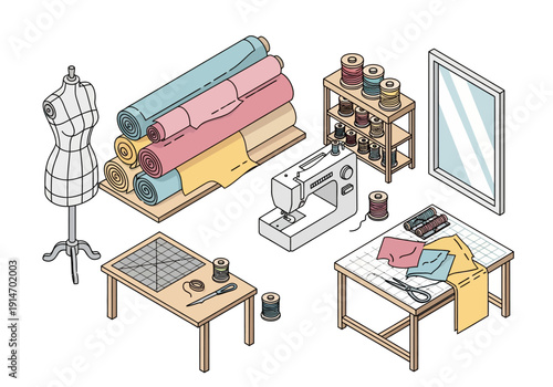 A sewing workspace with fabric, mannequin, and equipment viewed from above in a studio setting