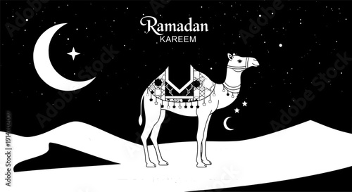 Ramadan greeting card with camel and mosque silhouette vector