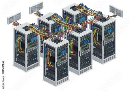 Multiple computer servers connected with multicolored cables in a data center, viewed from above, illustrating complex inter-server connections and data exchange