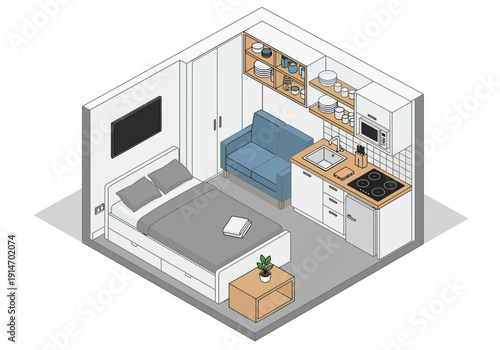 Isometric view of a compact studio apartment with kitchen, sofa, bed, and storage units in a modern minimalist design