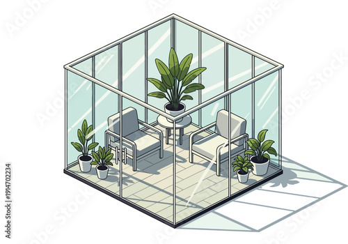 An isometric illustration of a modern glass conservatory with plants and furniture