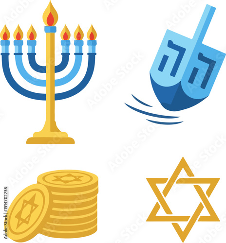 Modern Flat Design Hanukkah Icons with Star of David and Candelabra