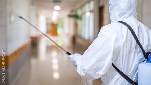 decontamination. Person in protective suit sprays disinfectant in an empty, sterile corridor. safety posters, maintenance manuals, designed for industrial assembly lines and welding operations.