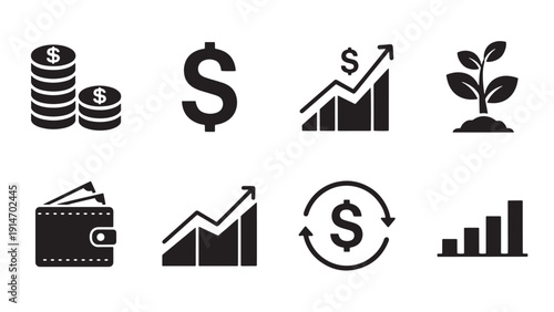 Financial Icon Set Featuring Currency Symbols, Wallet, Growth Charts And Investment Graphics For Business Presentations And Infographics