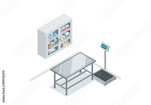 Retail checkout counter with scale, display shelf, and various products from an elevated isometric viewpoint