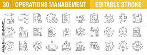 Collection of operation management icons. Progress, work, planning, process, task and more. Vector design templates, signs, symbols, and editable strokes.