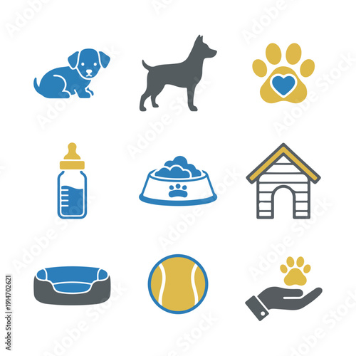 A grid of nine colorful vector icons representing various aspects of dog and pet care, including animals, food, shelter, and supplies.