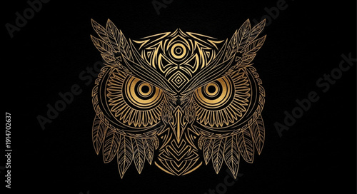 Intricate Golden Owl Head with Geometric Patterns.
