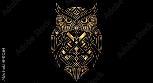 Intricate Golden Owl Illustration on Black Background.