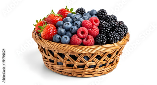 Fresh strawberries blueberries raspberries and blackberries in a wicker basket on white background transparent background