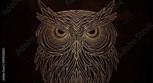 Intricate Golden Owl Illustration on Black Background.