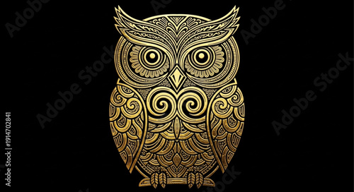 Intricate Golden Owl Illustration on Black Background.