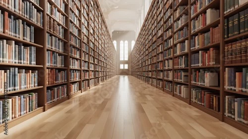 Long aisle inside a historic library with tall wooden bookshelves filled with leather bound books and a parquet floor leading to a bright window