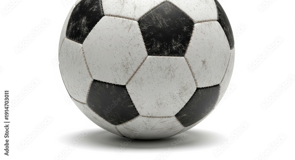 Obraz premium Detailed close-up of a well-used, scuffed classic black and white soccer ball isolated on white background, showing signs of wear and tear from play.