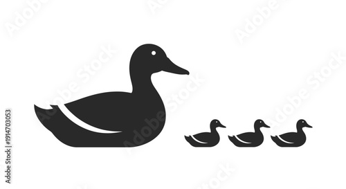 Silhouette of one large mother duck swimming followed by three small ducklings illustration