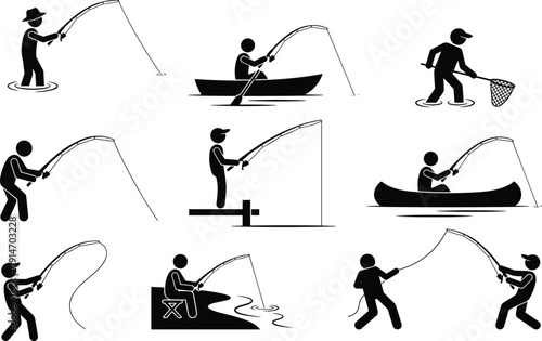 Fishing silhouette set, anglers casting rods from boat, canoe, dock and shore isolated on white background collection