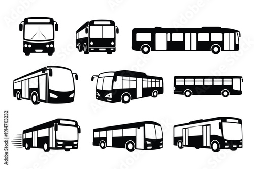 Bus silhouettes collection, various bus models and views in black and white, city transport and public transportation symbols, side, front and perspective outlines, clean vector illustration set.