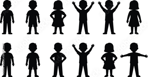 Kids silhouette collection, cute boys and girls standing, hands up and open arms poses isolated on white background