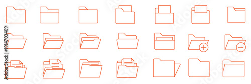 Collection of outline icons representing folders with documents for organization and data management vector