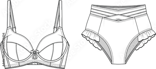 Women's Technical Flat Sketch of Lingerie Set Featuring Underwired Balconette Bra with Bow Detail and High Waisted Ruffled Bloomer Panties Vector