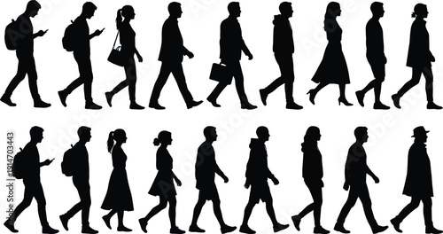 Walking people silhouette collection, men and women side view pedestrians with bags and backpacks isolated on white