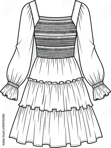 Women's Technical Flat Sketch of Long Sleeve Smocked Bodice Dress Featuring Square Neckline, Ruffled Tiered Skirt, and Elasticated Flared Cuffs