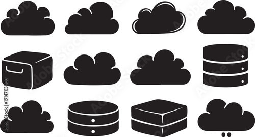 Cloud and storage icon set in black and white