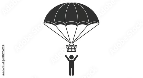 Concept of receiving goods via aerial delivery with a happy stick figure welcoming the package