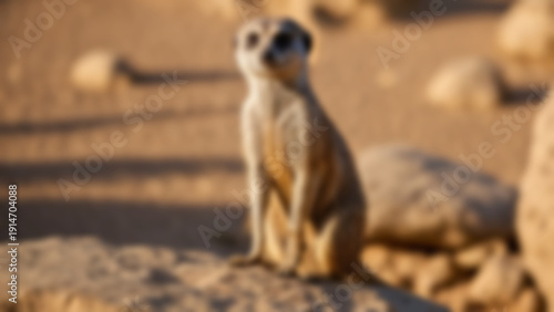 Wallpaper Mural Blurred background of Meerkat standing upright on a textured rock, highly detailed sandy fur and alert sparkling eyes, dry safari enclosure with blurred desert tones, early morning, warm golden light. Torontodigital.ca