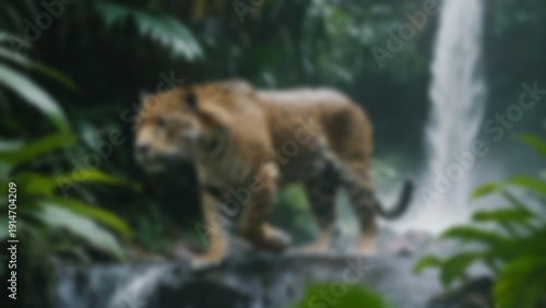 Wallpaper Mural Blurred background of Jaguar walking beside cascading waterfall, sharp fur details with water droplets and mist particles, lush tropical jungle safari environment, midday, bright natural light. Torontodigital.ca