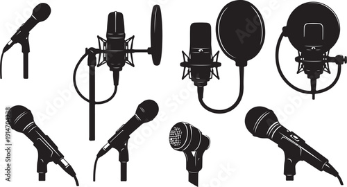 Collection of various microphones and pop filters on display