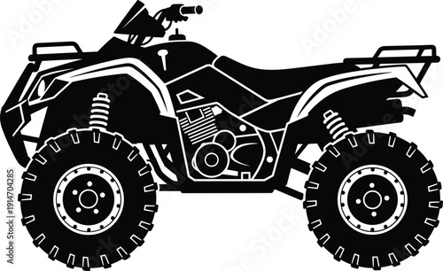 ATV silhouette illustration, all terrain vehicle black icon rugged tire off road design outdoor recreation transport vector artwork, mechanical and lifestyle theme, isolated background