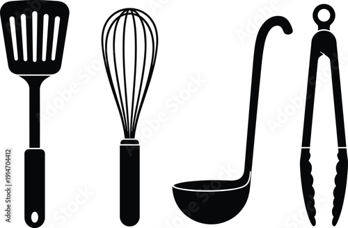 Kitchen utensil silhouette illustration set, four black icons spatula whisk ladle tongs cooking tool design, vector artwork, culinary and lifestyle theme, isolated background