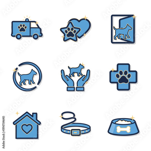 A collection of blue and gold vector icons representing various aspects of pet care, veterinary services, adoption, and supplies.